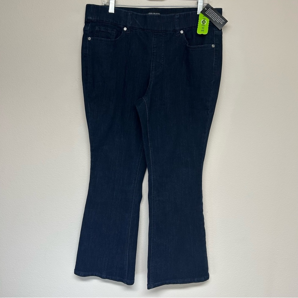 New Susan Graver Petite Flare Wide Leg Dark Wash Jeans High Rise Stretch 14P Blu